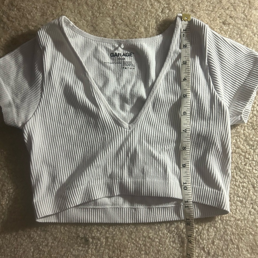 Garage White Ribbed V-Neck Crop Top